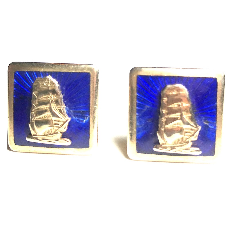 Vintage Tallship Cuff Links Blue Enamel/Gold Tone